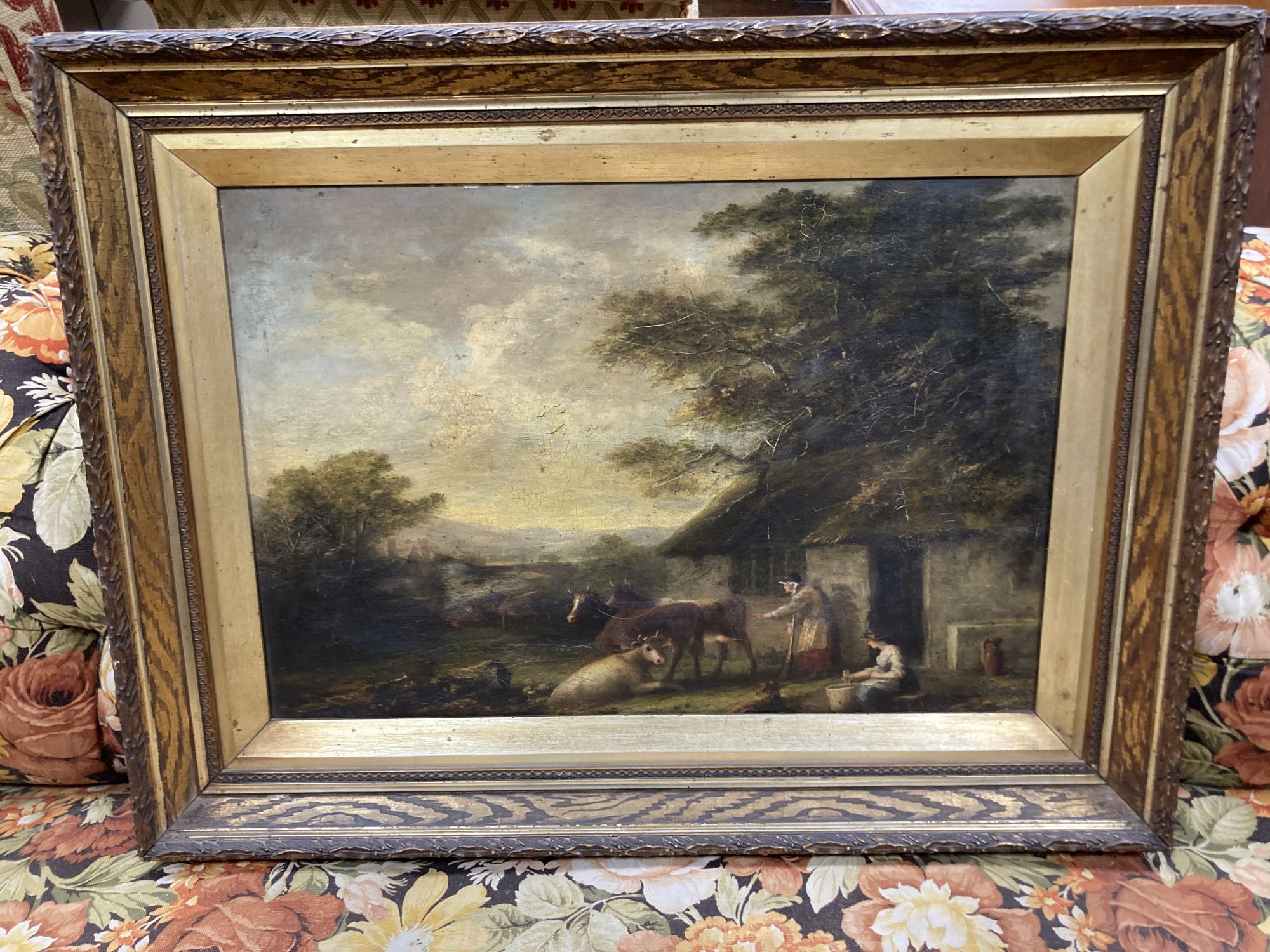 J. F. Bond, 19th century, oil on canvas, Landscape with cattle and two figures beside a cottage, inscribed verso, 37 x 55cm